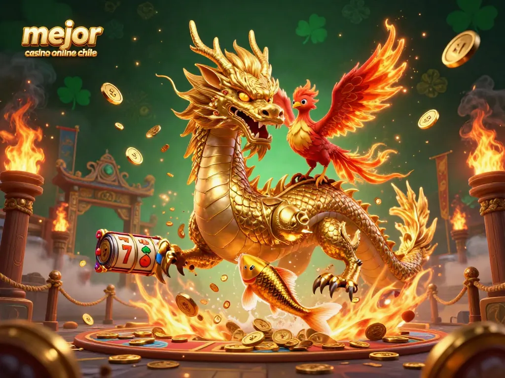 Disfruta del mejor casino online Chile con un dragón dorado y un pez koi saltando entre monedas.