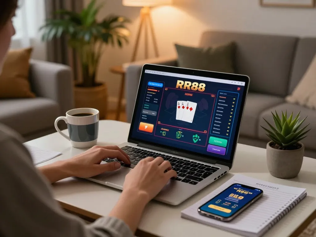 Engage with RR88's online casino gaming through a stylish home setup featuring a laptop interface.