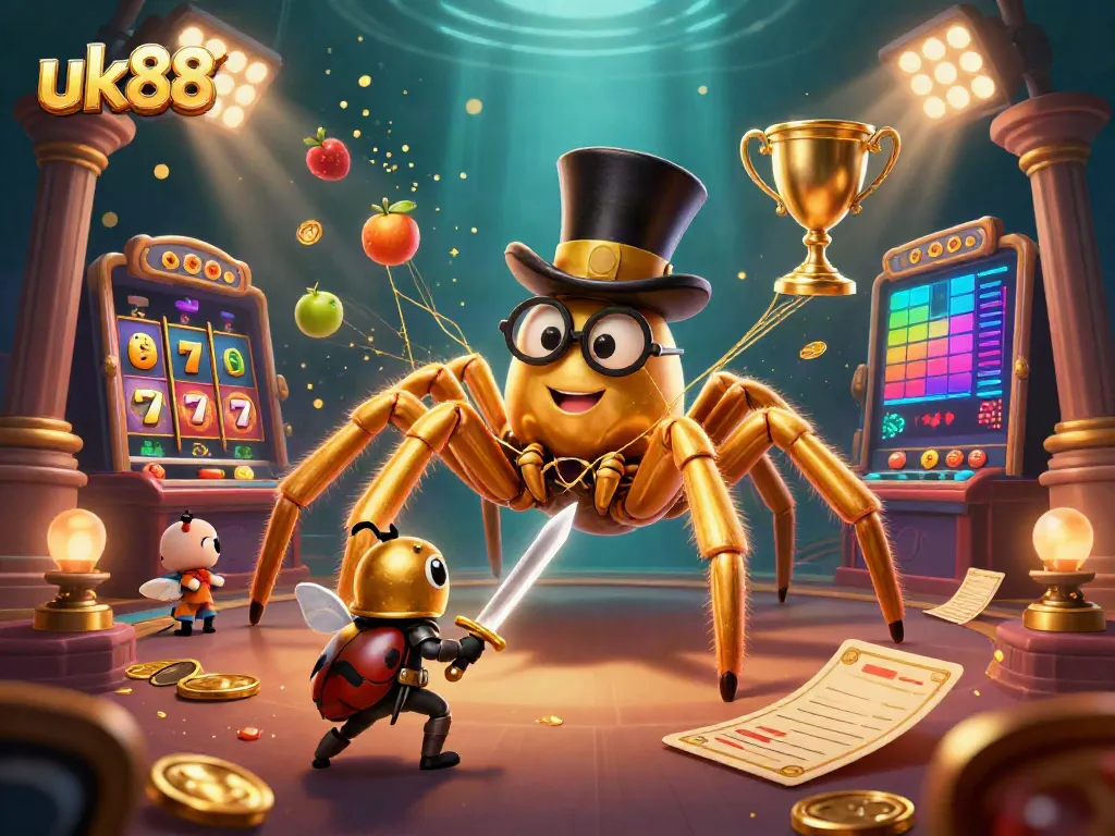 Engage with the exciting world of uk88, showcasing dynamic slot reels and animated characters in a vibrant casino scene.
