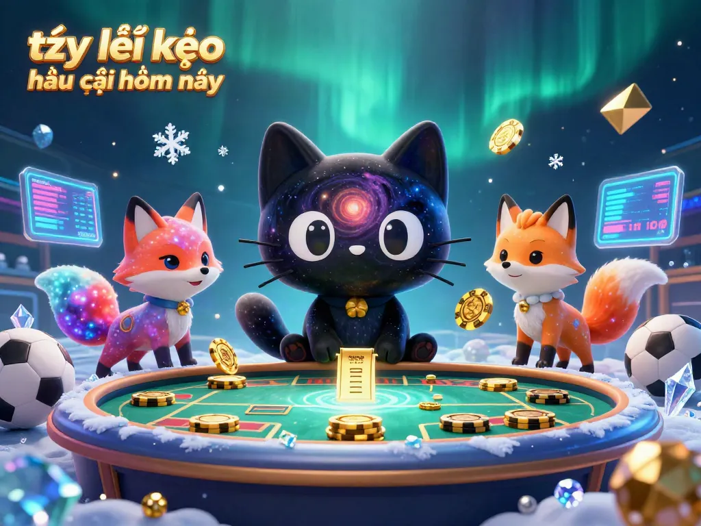 Engaging illustration depicting tỷ lệ kèo nhà cái hôm nay with dynamic sports betting scene featuring a black hole cat and a cosmic fox.