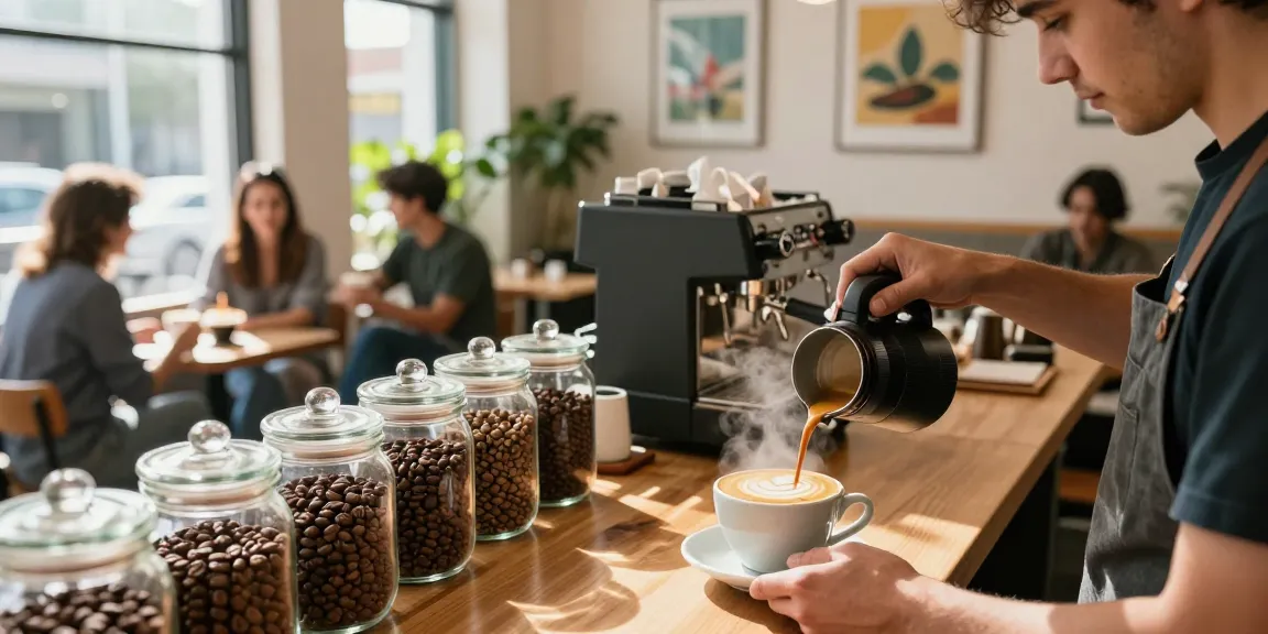 Barista brewing coffee at rokok88 café with fresh beans and inviting atmosphere
