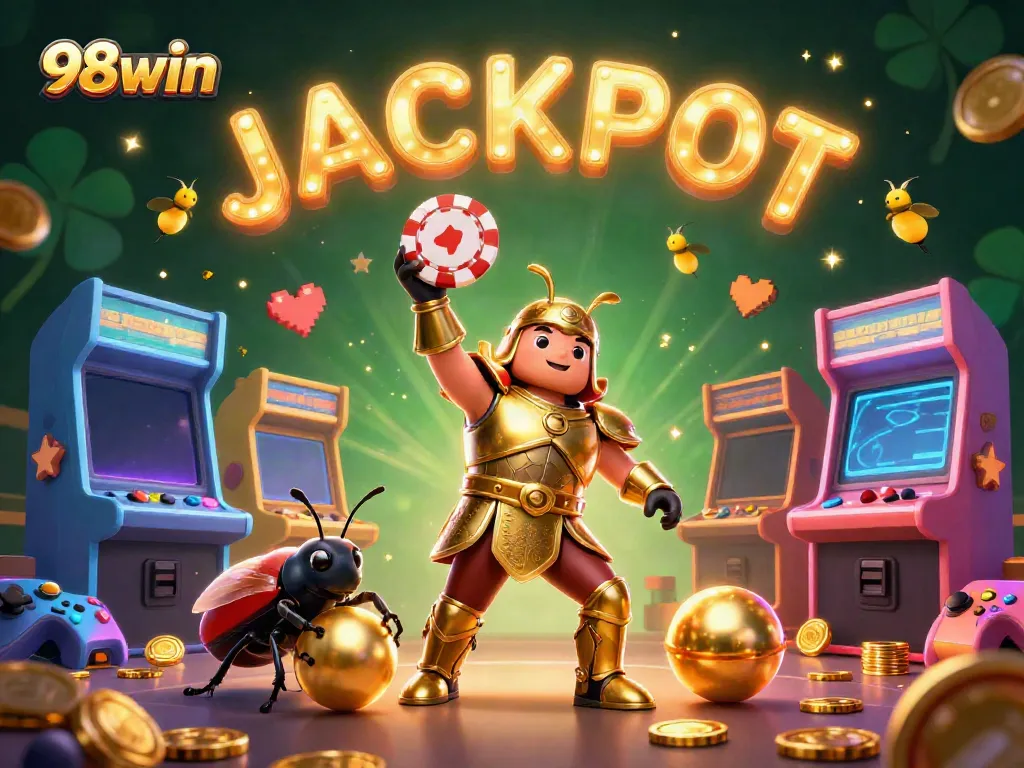 Engage with thrilling gameplay at 98win, where vibrant 3D characters celebrate a jackpot amidst dynamic casino elements.