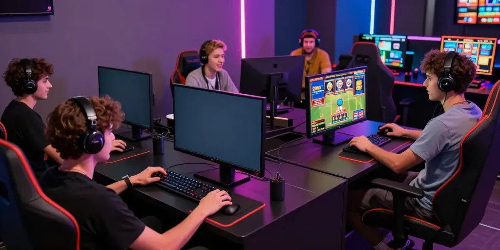Players enjoying online gaming at https://choinohu.vip/ in a modern lounge with high-tech setups.