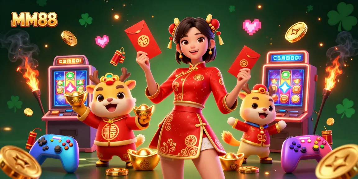 Play exciting slot games at MM88, featuring vibrant 3D characters and rich casino elements.