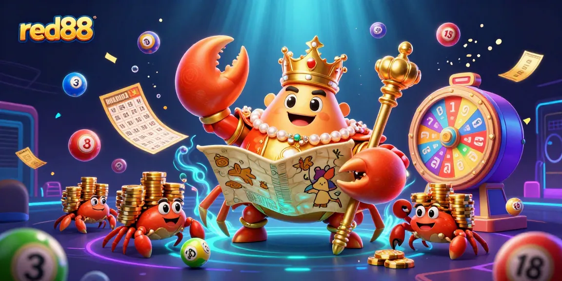 Engage with red88's colorful lottery scene featuring a golden crab emperor and vibrant game elements.