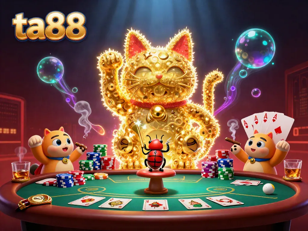 Experience luck and excitement with ta88's golden lucky cat amidst vibrant casino symbols and rich poker elements.