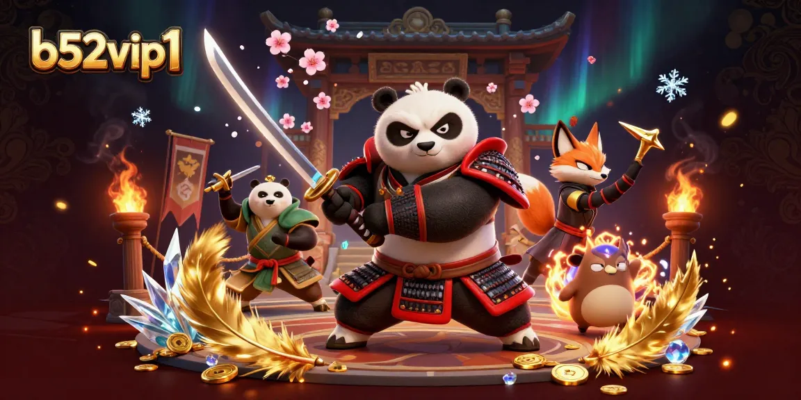 Experience thrills at b52vip1 with 3D cartoon warriors amidst a vibrant casino atmosphere.