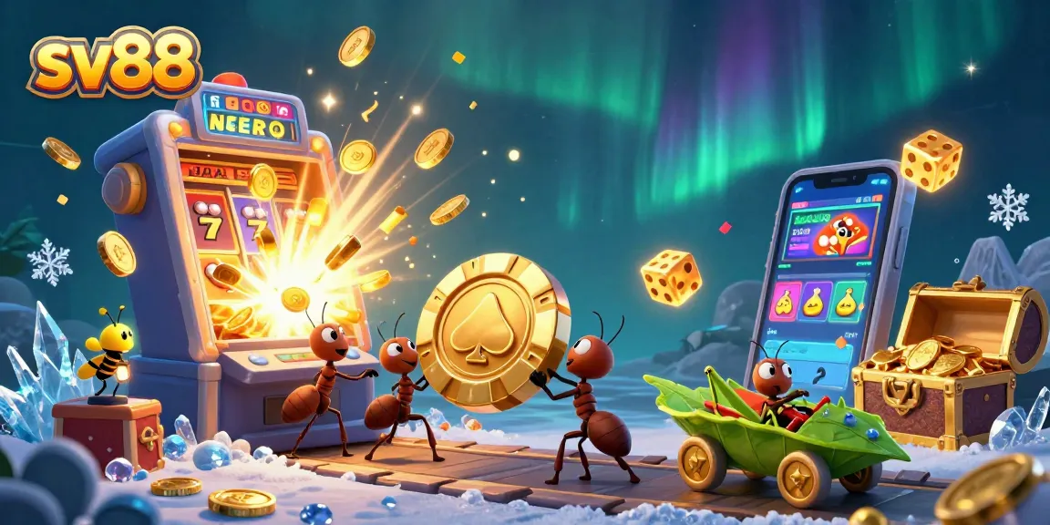 sv88 ants heist with golden poker chip in vibrant casino scene, including slot machine, confetti, and gold coins.