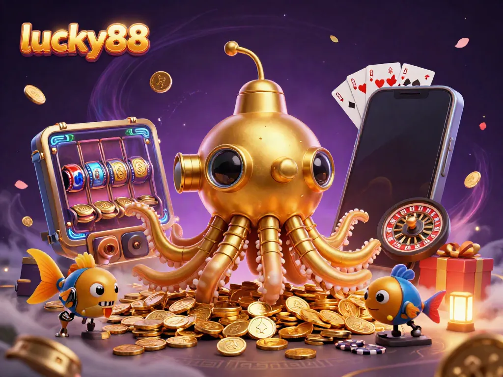 Experience lucky88 gameplay with a vibrant kraken submarine amidst coins and slots.