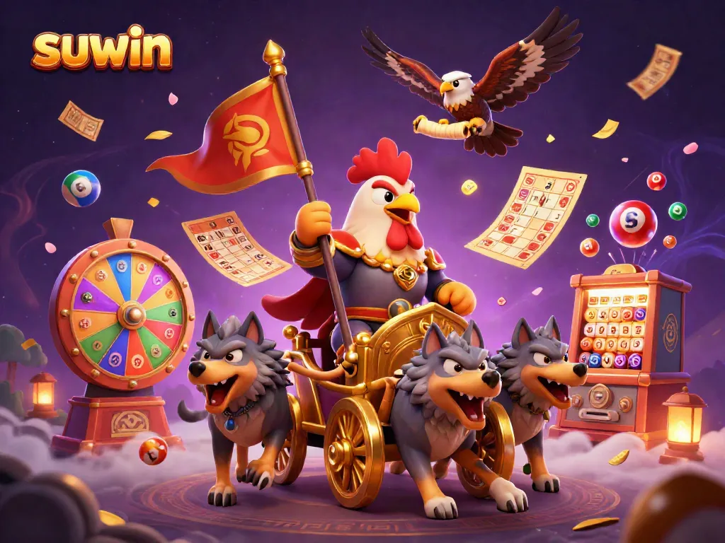 Suwin features a rooster warlord in a golden chariot amidst vibrant lottery visuals