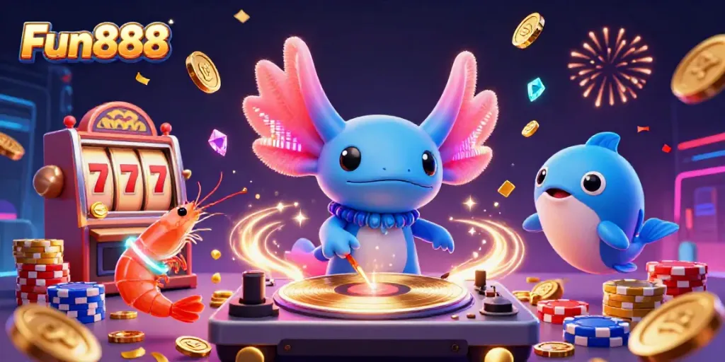 Experience thrilling gameplay at Fun888 with vibrant casino elements and energetic characters.