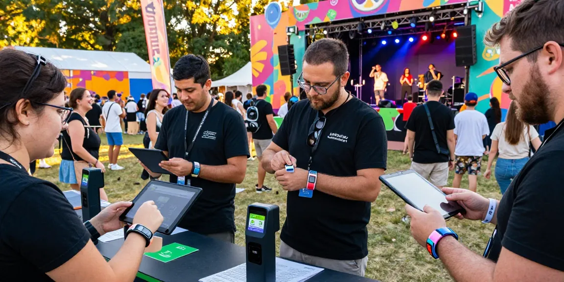 Effortless access control and payment with pulseras digitales para eventos at a vibrant festival scene.