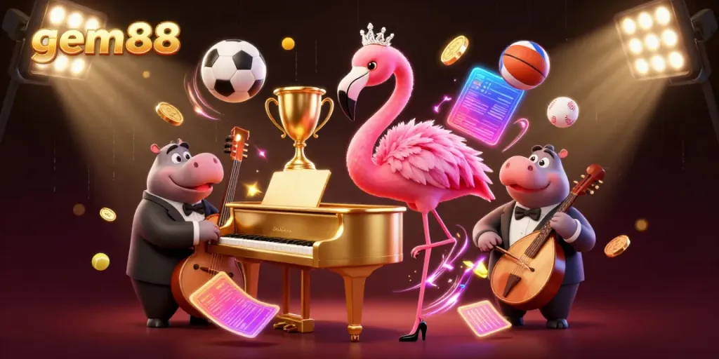 Experience the vibrant atmosphere of gem88's casino, featuring a flamingo singer and hippo bassist surrounded by dynamic sports elements.