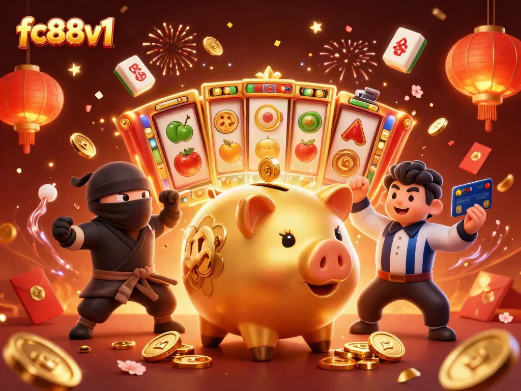 Engaging 3D illustration of fc88v1's lively casino scene with a sumo wrestler and dynamic action elements.