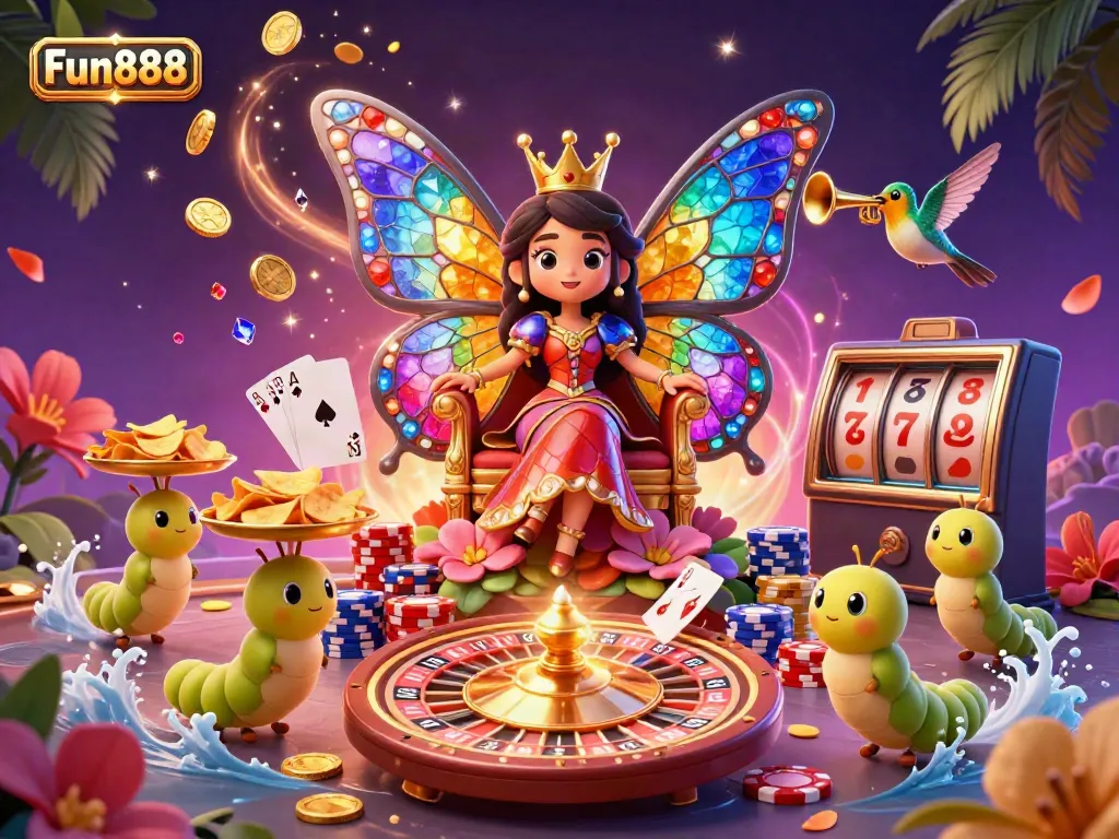 Experience the excitement of Fun888 with a butterfly queen and dazzling casino elements.