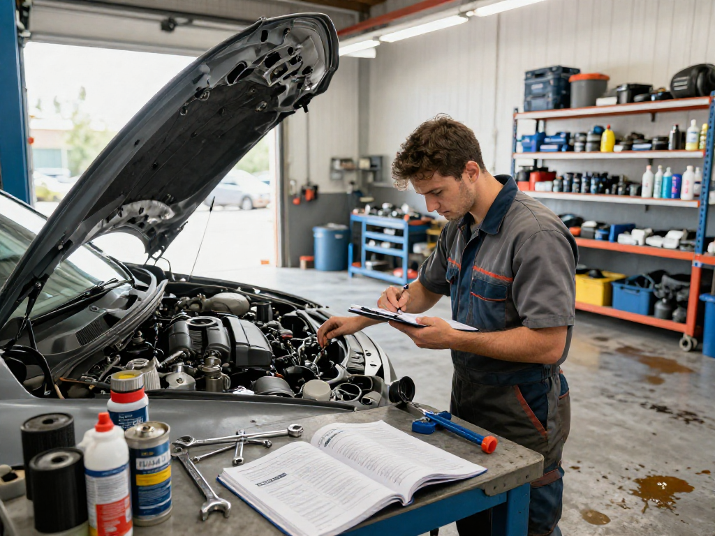 Limpiador de carburadores en taller mecánico, mecánico revisando motor con herramientas y manual abierto.