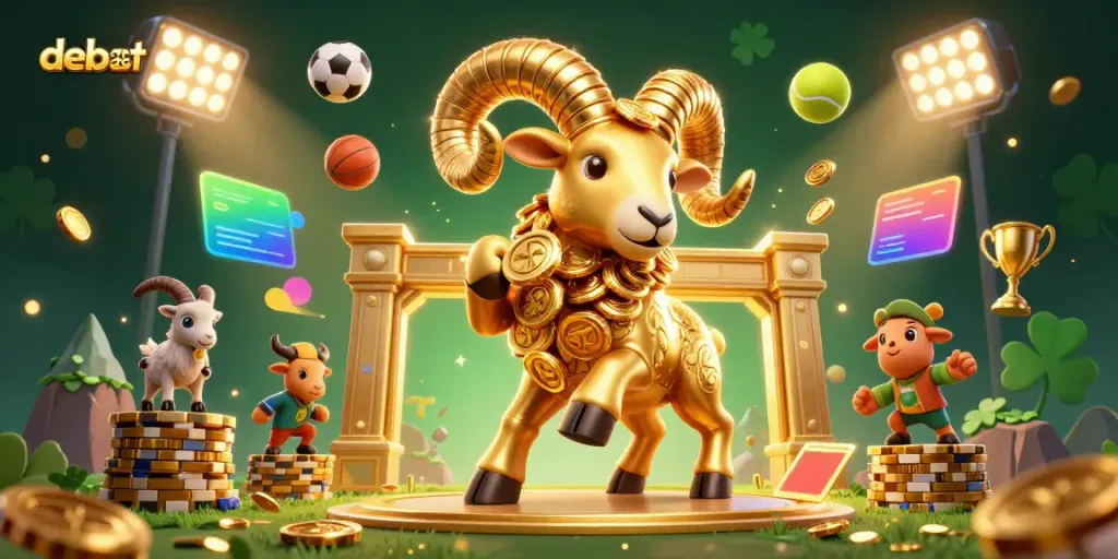 Experience the thrilling world of debet2868 as a golden ram charges through a vibrant casino scene.
