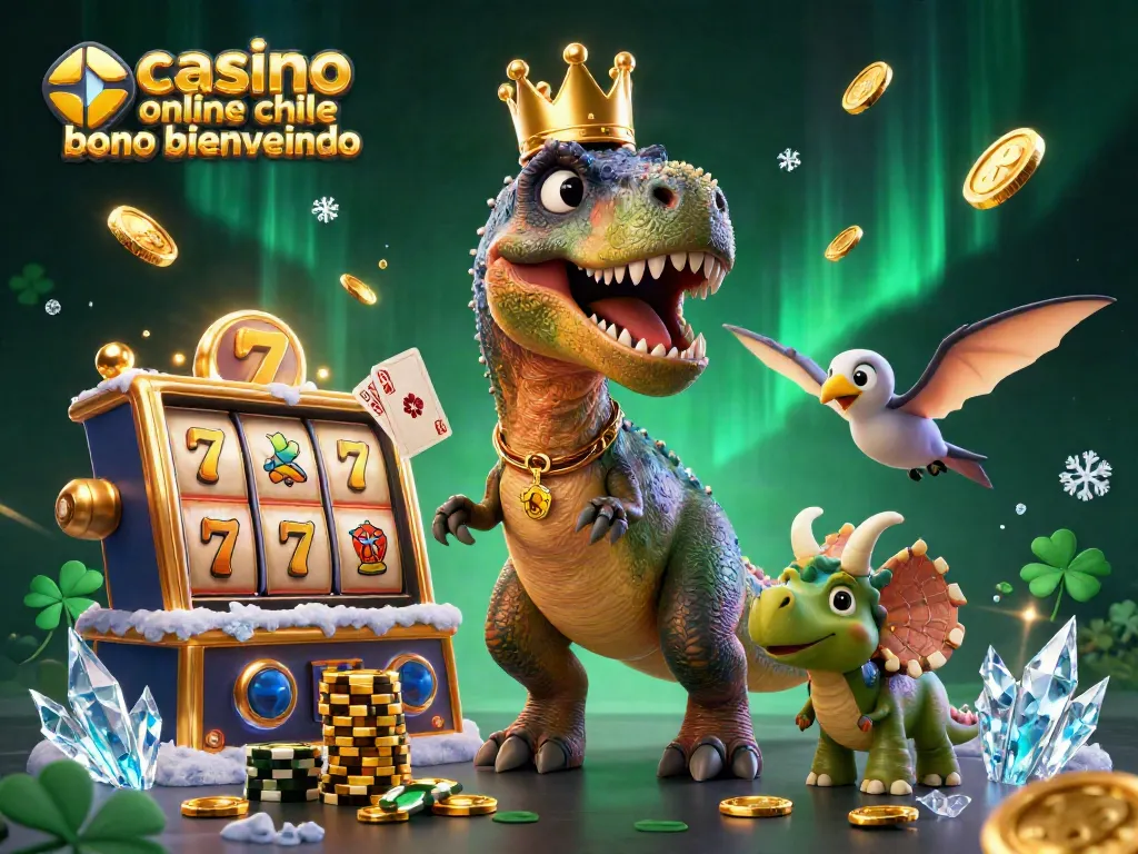 Ilustración 3D divertida de un T-Rex en un casino online Chile bono bienvenida, jugando con fichas doradas y tragamonedas.
