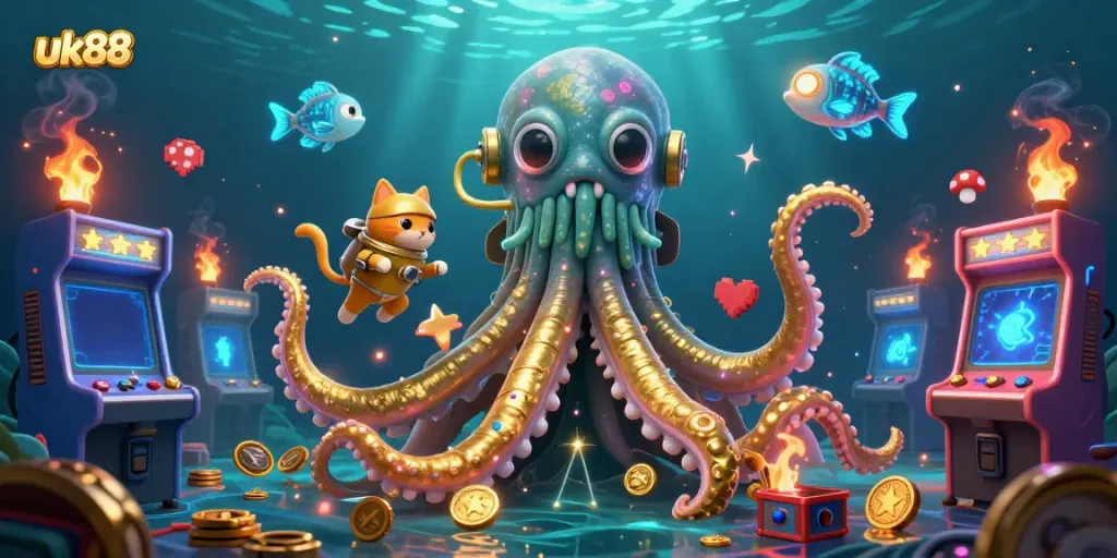 Engage with the vibrant undersea scene featuring a kraken and cat representing uk88, combining gaming elements and casino aesthetics.