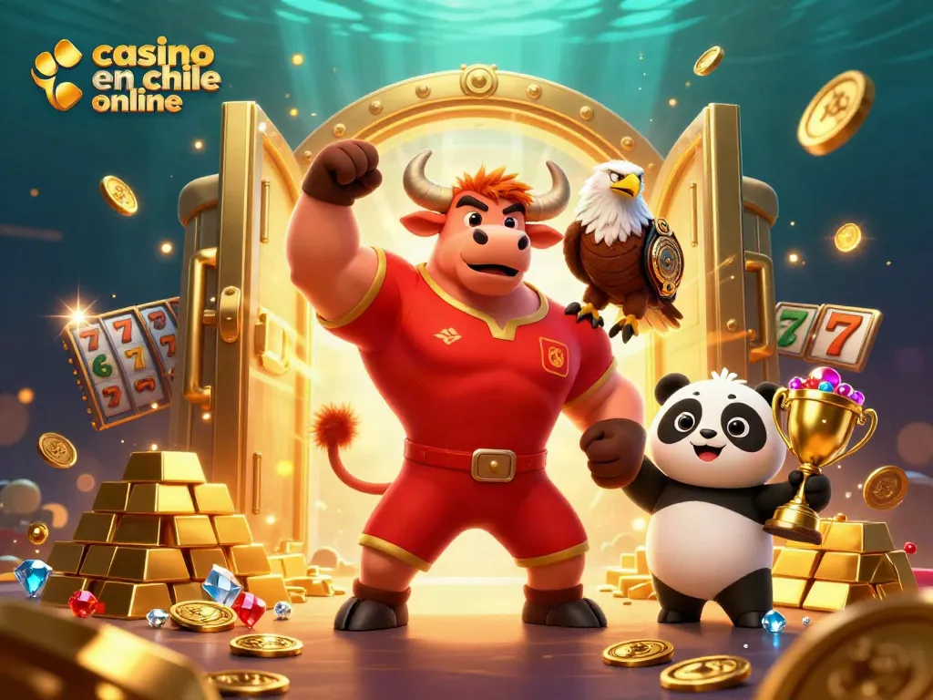 Juega en el casino en chile online, con un toro y un panda en un ambiente de tesoros.