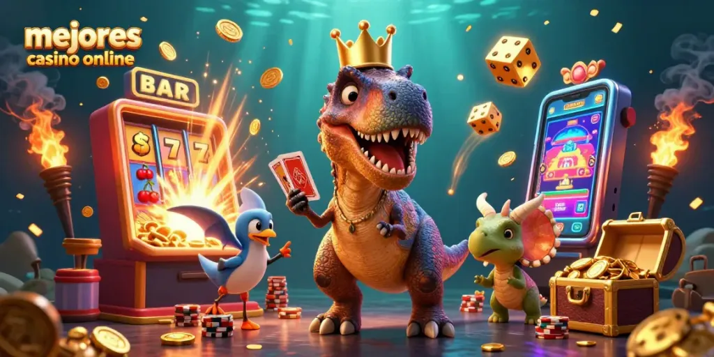 Ilustración 3D de un T-Rex intentando barajar cartas junto a un pterodáctilo y un triceratops en un casino online. Mejores casino online.