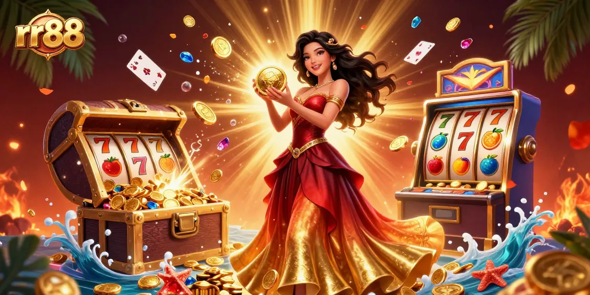 Spin to win with rr88's vibrant online casino experience featuring dazzling golden coins and captivating game elements.
