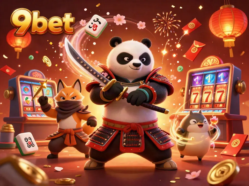 Experience the vibrant casino world of 9bet with a fierce samurai panda and ninja fox surrounded by slot games.