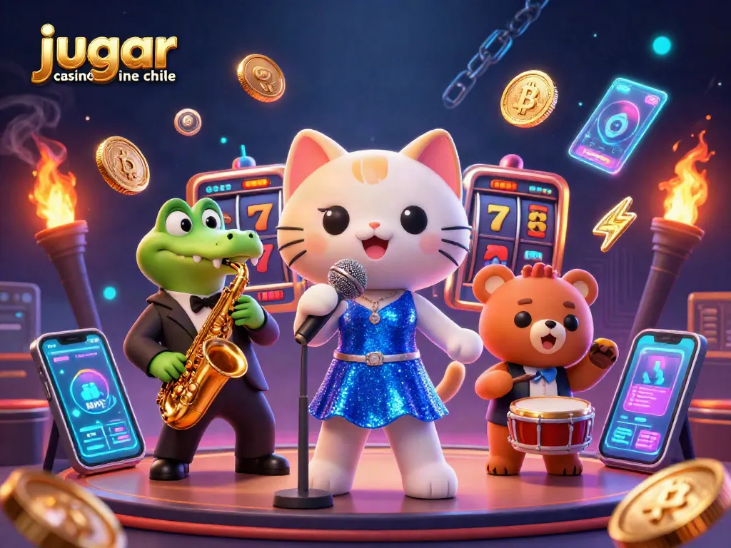 Jugar casino online chile en una ilustración vibrante con un gato cantando y elementos de juego.