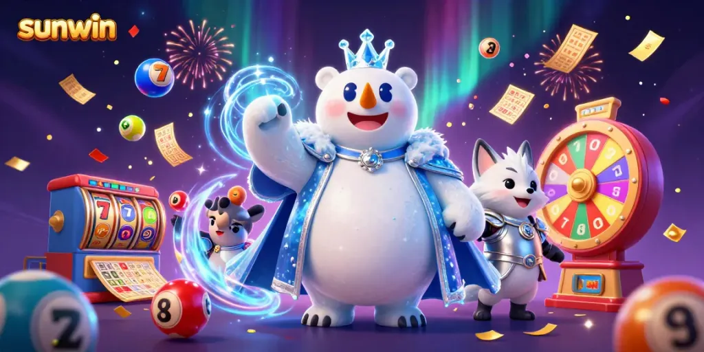 Watch sunwin's 3D cartoon casino experience with colorful lottery elements and vibrant jackpot reels featuring the ice king and snow fox.