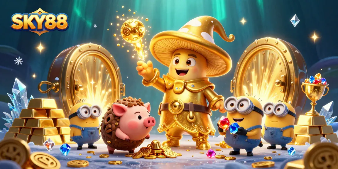 SKY88 showcases a magical scene with a golden mushroom wizard and treasure in a lively casino.