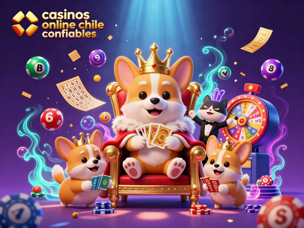 La escena vibrante de casinos online chile confiables muestra un corgi real con corona en un trono de fichas de póker.