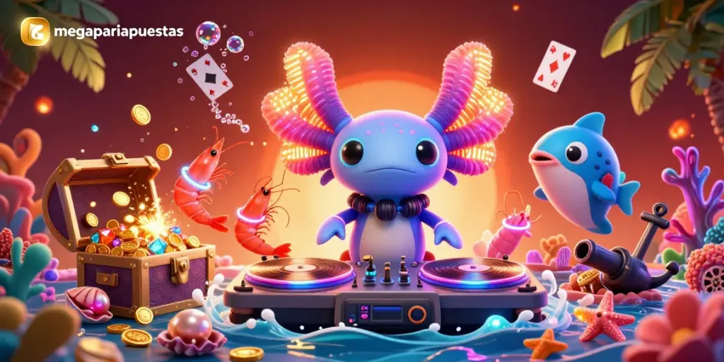 Vibrante ilustración 3D de la app megapariapuestas con un DJ axolote y fiesta submarina.