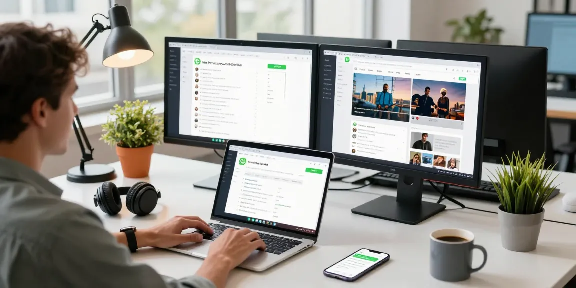Using WhatsApp電腦版 at a modern workspace with dual monitors and stylish decor.
