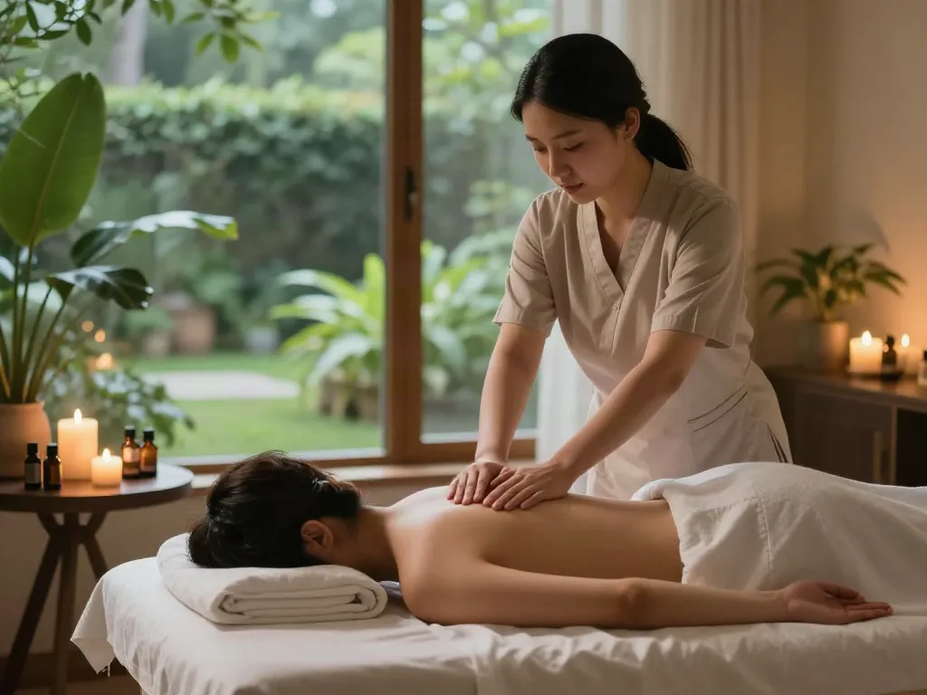 송파출장안마 offers a relaxing massage experience with a skilled therapist in a serene therapy room.