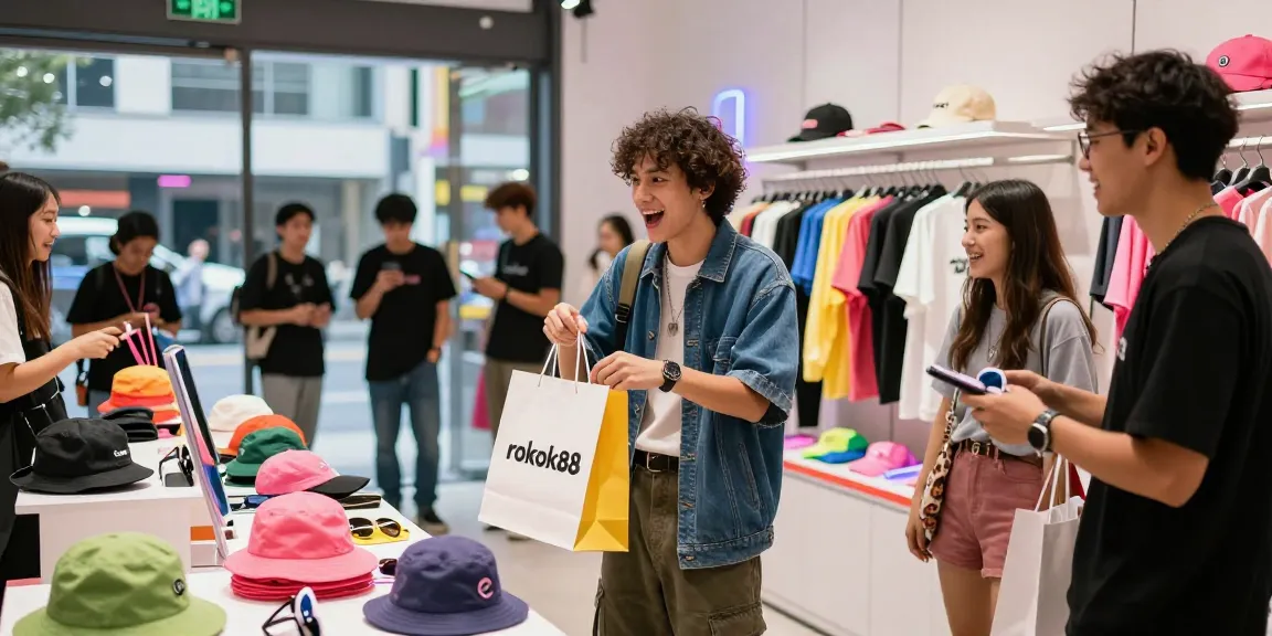 Excited shopper holding a rokok88 branded bag in a trendy urban store.