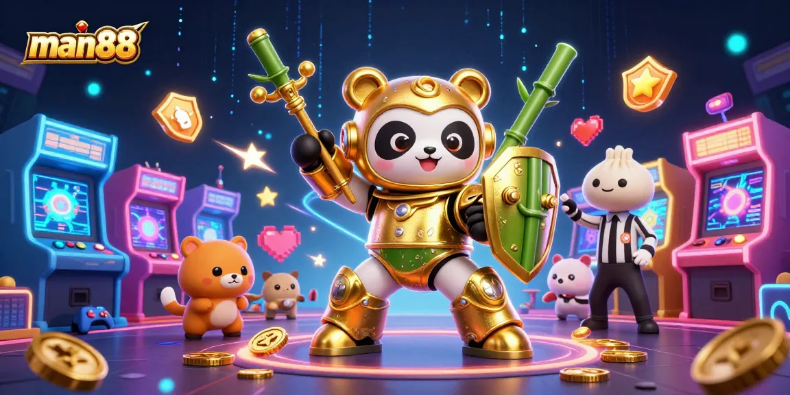 Engage with man88's vibrant 3D casino illustration featuring playful robots and spirited gaming elements.