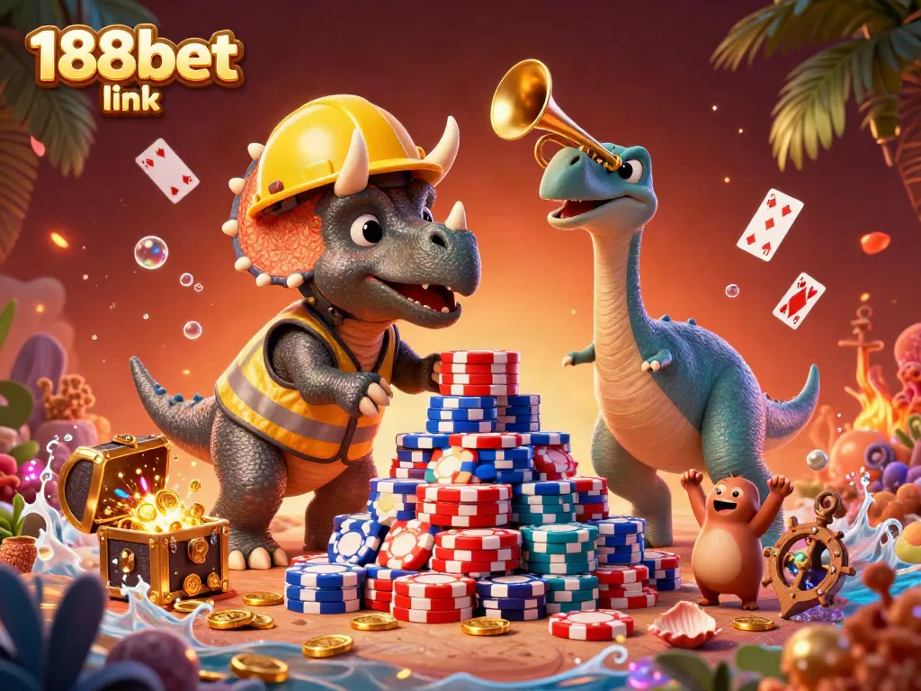 Engage with the dynamic scene of 188bet link, featuring cartoon dinosaurs celebrating amidst casino elements and treasure.