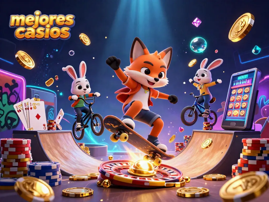 Mejores casinos: divertidos símbolos de juegos y personajes aéreos en una escena vibrante.