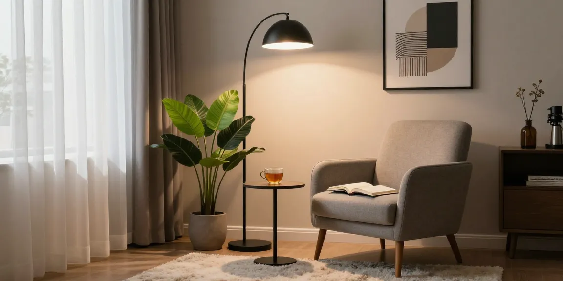 Acogedor rincón de lectura con una lámpara elegante iluminando una lámpara de pie negra en una sala moderna.