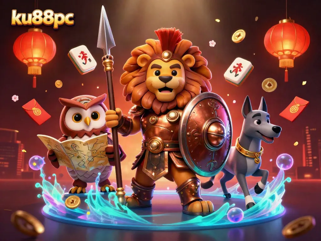 Engage in thrilling gameplay at ku88pc with a heroic Spartan lion and strategic owl.