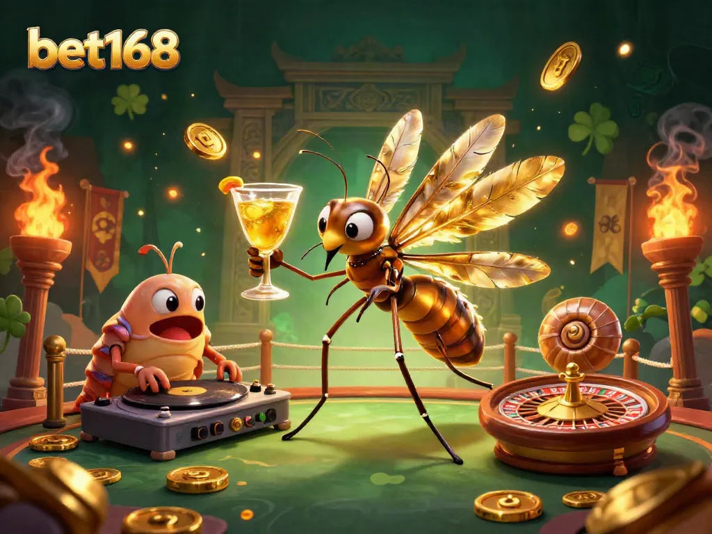 Experience the vibrant bet168 casino atmosphere with a unique insect mascot and dynamic game elements.