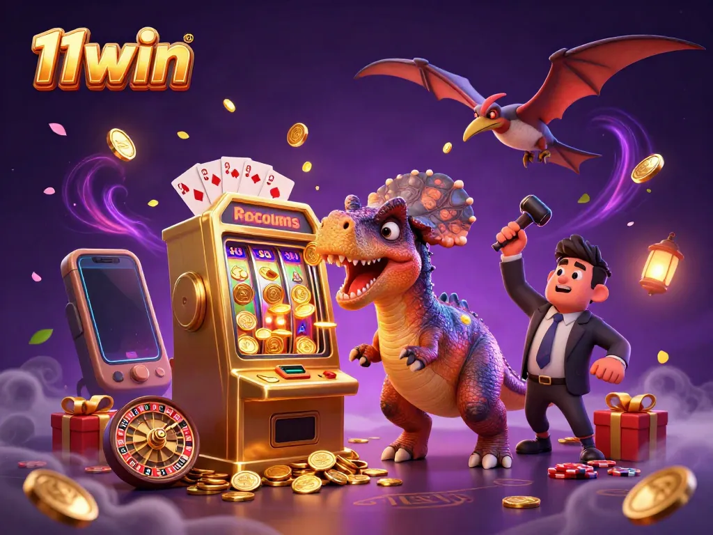 Experience exciting action at 11win as a dino headbutts a golden slot machine for big wins.