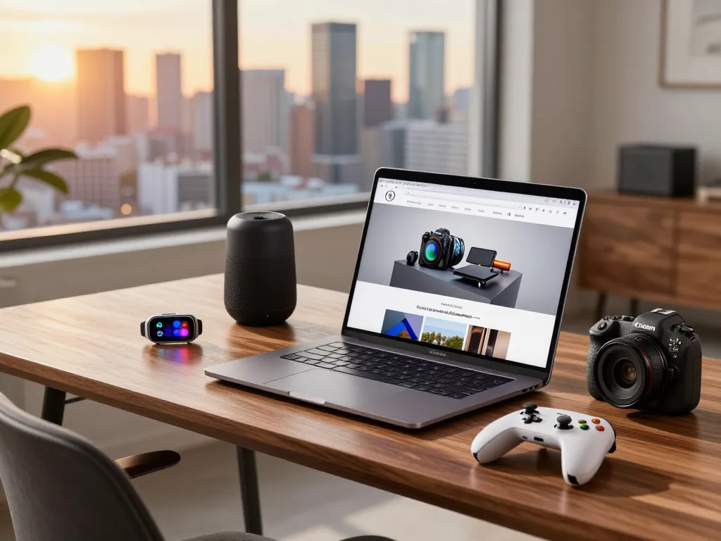 Enthusiast reviewing trending tech gadgets in a modern workspace.