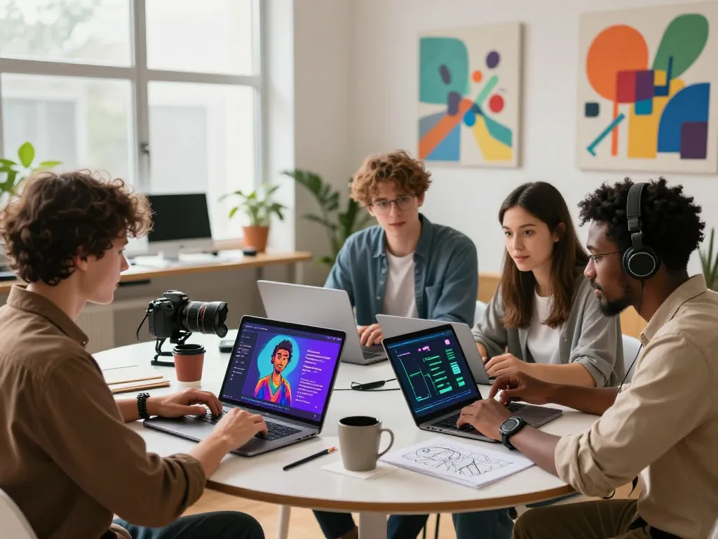 Creative team collaborating on innovative spicy AI project using laptops and digital tools.
