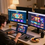 Engaging with nk88 net on multiple screens during an online gaming session in a cozy setting