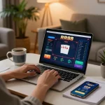 Engage with RR88's online casino gaming through a stylish home setup featuring a laptop interface.