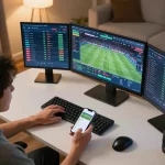 Engaged user placing bets on sports events through the XX88 app in a contemporary home office setting.