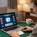 Experience online poker gaming at home with MM88, showcasing a player focused on their laptop