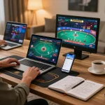 Person gaming at home through link gg88 on multiple screens, showcasing online casino experience