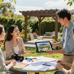 Presentación atractiva de presupuestos para pérgolas y verandas con un diseñador paisajista y clientes en un jardín vibrante.